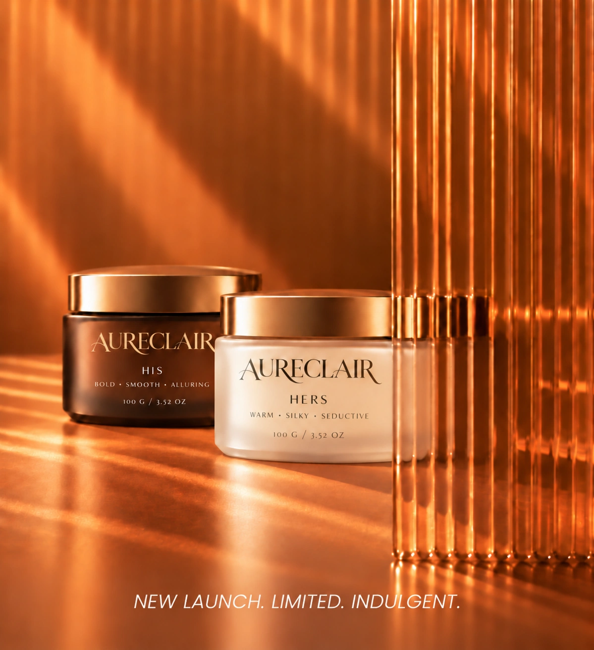 AURECLAIR HIS and HERS Parfum Body Butter jars in a warm amber luxury product scene