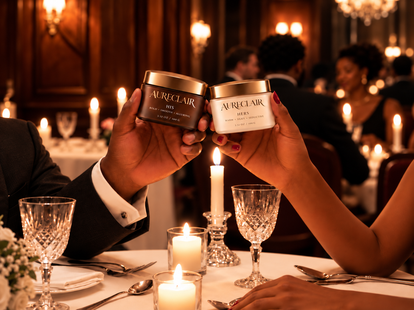 AURECLAIR HIS and HERS Parfum Body Butter held in an elegant candlelit dinner setting