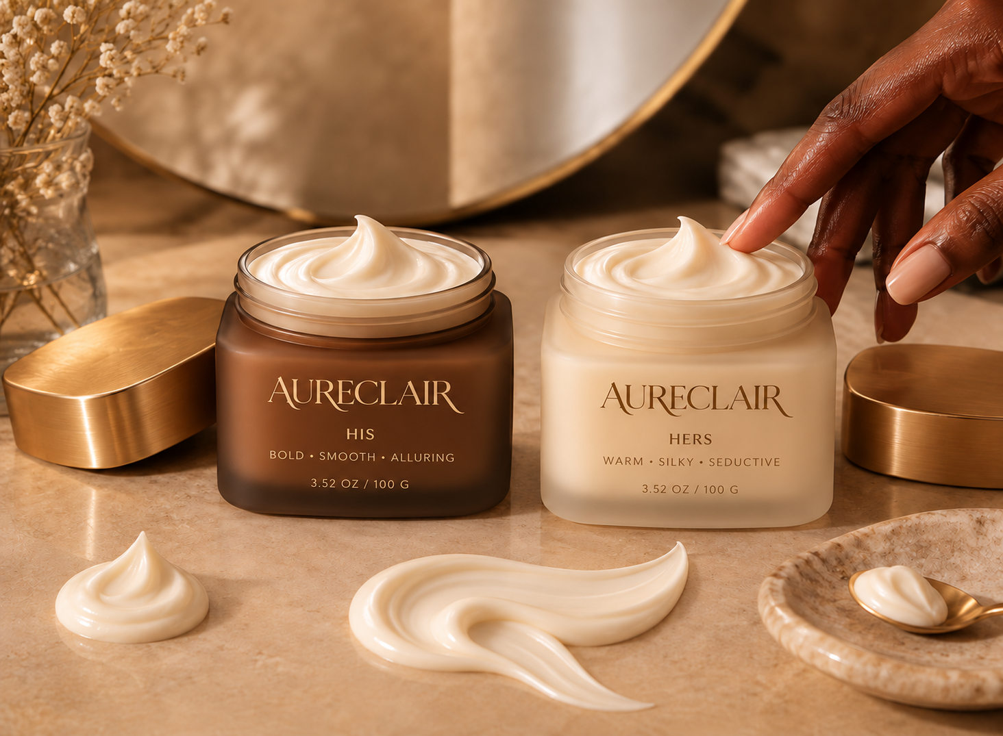 AURECLAIR HIS and HERS Parfum Body Butter open jars with rich cream texture